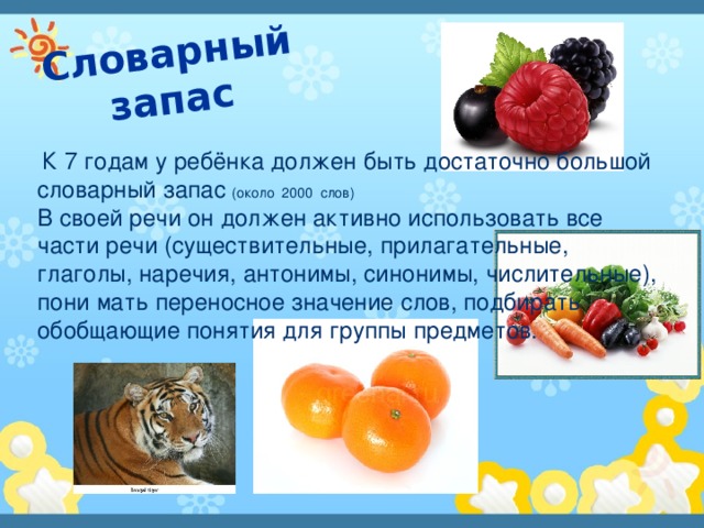 Словарный запас  К 7 годам у ребёнка должен быть достаточно большой словарный запас (около 2000 слов)   В своей речи он должен активно использовать все части речи (существительные, прилагательные, глаголы, наречия, антонимы, синонимы, числительные), пони мать переносное значение слов, подбирать обобщающие понятия для группы предметов.   