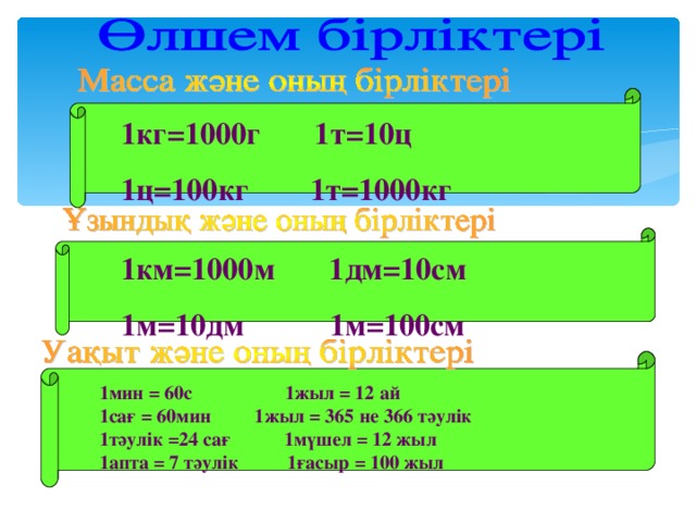 1кг =1000 г 1т = 10ц 1ц = 100кг 1т = 1000кг 1км =1000 м 1дм = 10см 1м = 10дм 1м = 100см 1мин = 60с 1жыл = 12 ай 1сағ = 60мин 1жыл = 365 не 366 тәулік 1тәулік = 24 сағ 1мүшел = 12 жыл 1апта = 7 тәулік 1ғасыр = 100 жыл 