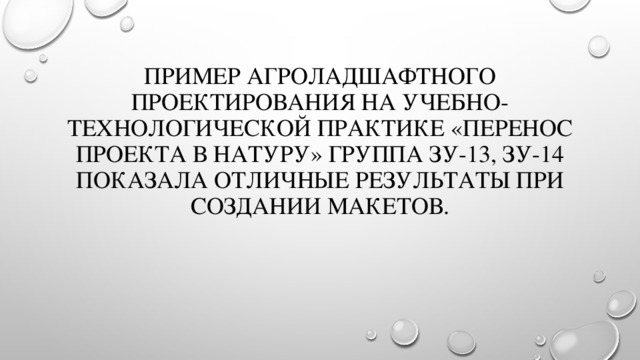Пример Агроладшафтного проектирования на учебно-технологической практике «перенос проекта в натуру» группа ЗУ-13, зу-14 показала отличные результаты при создании макетов. 