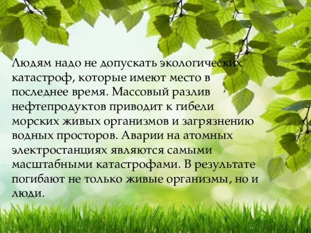 Людям надо не допускать экологических катастроф, которые имеют место в последнее время. Массовый разлив нефтепродуктов приводит к гибели морских живых организмов и загрязнению водных просторов. Аварии на атомных электростанциях являются самыми масштабными катастрофами. В результате погибают не только живые организмы, но и люди. 