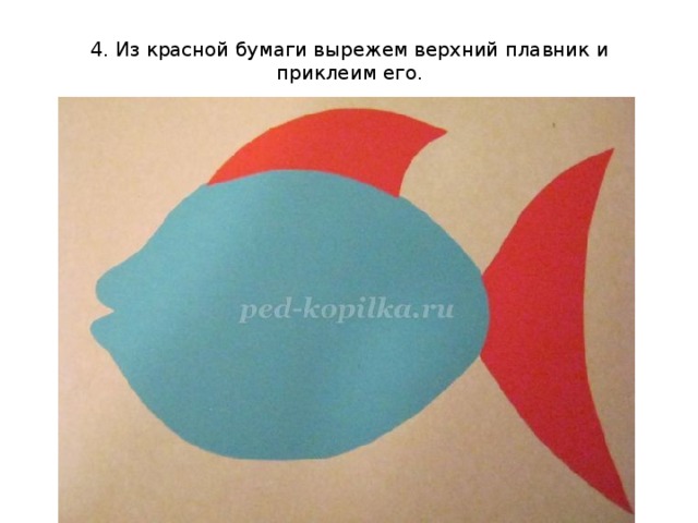  4. Из красной бумаги вырежем верхний плавник и приклеим его. 