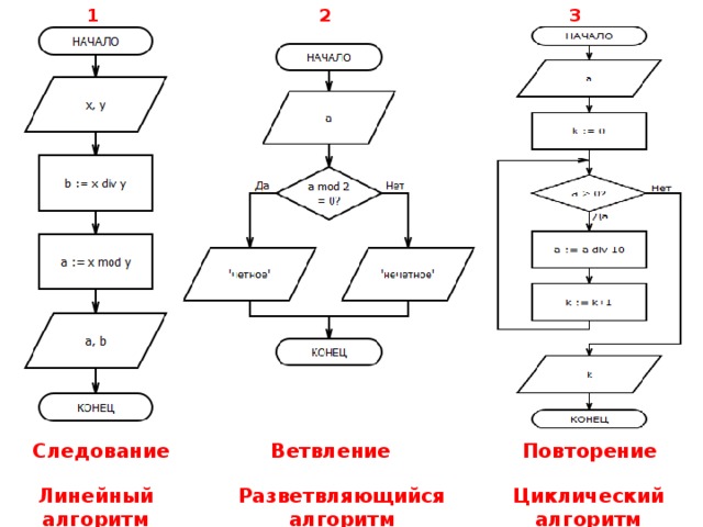 Выбрать типы алгоритмических конструкций цикл следование развилка ветвление блок схема словесный