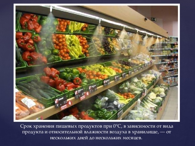 Срок хранения пищевых продуктов при 0°С, в зависимости от вида продукта и относительной влажности воздуха в хранилище, — от нескольких дней до нескольких месяцев. 