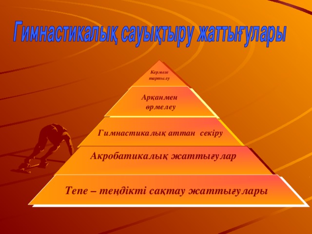 Кермеге тартылу Арқанмен  өрмелеу Гимнастикалық аттан секіру Акробатикалық жаттығулар  Тепе – теңдікті сақтау жаттығулары 