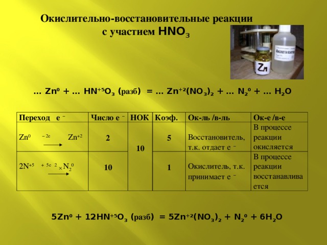 Окислительно-восстановительные реакции с участием HNO 3  … Zn 0 + … HN +5 O 3 ( разб )  = … Zn +2 (NO 3 ) 2 + … N 2 0 + … H 2 O Переход е  –   Zn 0  – 2е Zn +2 Число е  –    2 N + 5 + 5е  2 N 2 0   НОК   2   10 Коэф.     10 Ок-ль / в-ль   5   1   Восстановитель, т.к. отдает е  – Ок-е / в-е   Окислитель, т.к. принимает е  – В процессе реакции окисляется В процессе реакции восстанавливается 5Zn 0 + 12HN +5 O 3 ( разб )  = 5Zn +2 (NO 3 ) 2 + N 2 0 + 6H 2 O 