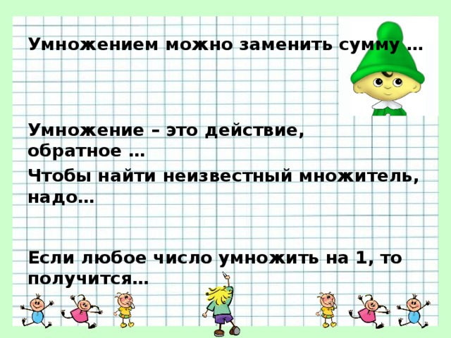 Умножением можно заменить сумму … Умножение – это действие, обратное …   Чтобы найти неизвестный множитель, надо… Если любое число умножить на 1, то получится… одинаковых слагаемых произведение разделить на известный множитель это же число делению 