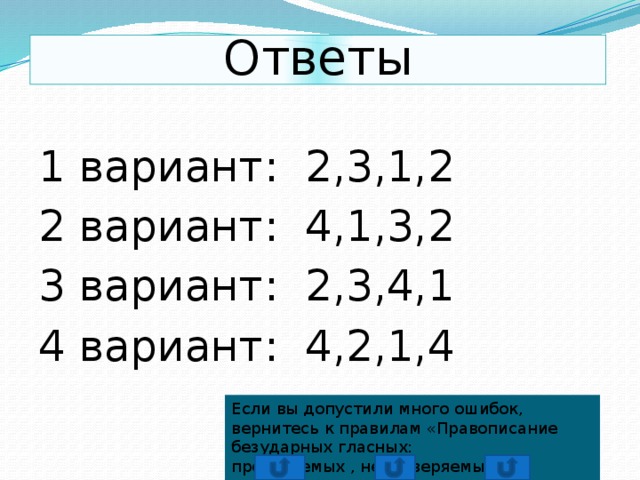 Ответы 1 вариант: 2,3,1,2 2 вариант: 4,1,3,2 3 вариант: 2,3,4,1 4 вариант: 4,2,1,4 Если вы допустили много ошибок, вернитесь к правилам «Правописание безударных гласных: проверяемых , непроверяемых, чередующихся» 