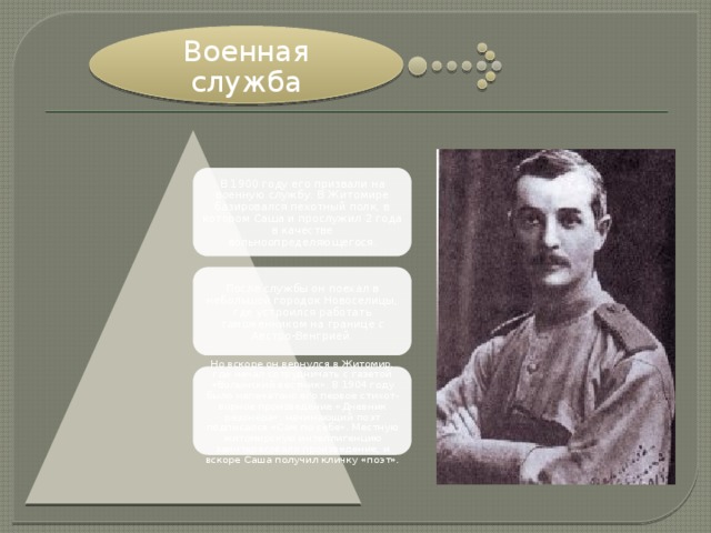 Военная служба В 1900 году его призвали на военную службу. В Житомире базировался пехотный полк, в котором Саша и прослужил 2 года в качестве вольноопределяющегося. После службы он поехал в небольшой городок Новоселицы, где устроился работать таможенником на границе с Австро-Венгрией. Но вскоре он вернулся в Житомир, где начал сотрудничать с газетой «Волынский вестник». В 1904 году было напечатано его первое стихот-ворное произведение «Дневник резонёра», начинающий поэт подписался «Сам по себе». Местную житомирскую интеллигенцию заинтересовало произведение, и вскоре Саша получил кличку «поэт». 