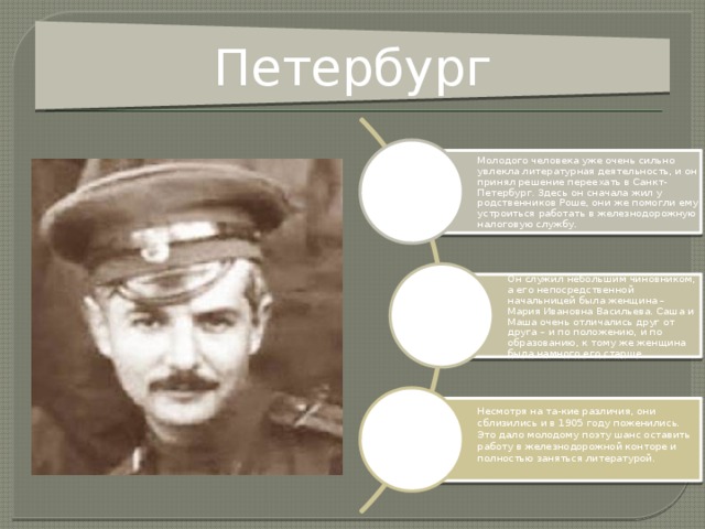 Петербург Молодого человека уже очень сильно увлекла литературная деятельность, и он принял решение переехать в Санкт-Петербург. Здесь он сначала жил у родственников Роше, они же помогли ему устроиться работать в железнодорожную налоговую службу. Он служил небольшим чиновником, а его непосредственной начальницей была женщина – Мария Ивановна Васильева. Саша и Маша очень отличались друг от друга – и по положению, и по образованию, к тому же женщина была намного его старше. Несмотря на та-кие различия, они сблизились и в 1905 году поженились. Это дало молодому поэту шанс оставить работу в железнодорожной конторе и полностью заняться литературой. 