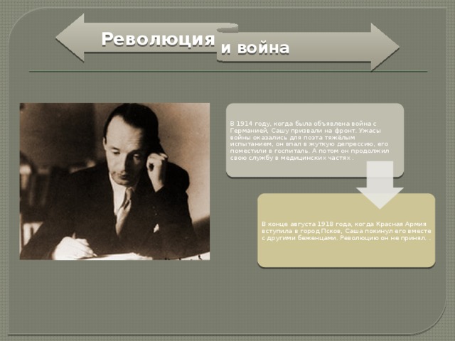 Революция и война В 1914 году, когда была объявлена война с Германией, Сашу призвали на фронт. Ужасы войны оказались для поэта тяжёлым испытанием, он впал в жуткую депрессию, его поместили в госпиталь. А потом он продолжил свою службу в медицинских частях . В конце августа 1918 года, когда Красная Армия вступила в город Псков, Саша покинул его вместе с другими беженцами. Революцию он не принял. . 