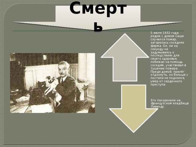 Смерть 5 июля 1932 года рядом с домом Саши случился пожар, загорелась соседняя ферма. Он, ни на секунду не задумываясь о последствиях для своего здоровья, побежал на помощь соседям, участвовал в тушении пожара. Придя домой, прилёг отдохнуть, но больше с постели не поднялся, умер от сердечного приступа. Его похоронили на французском кладбище Лаванду. 