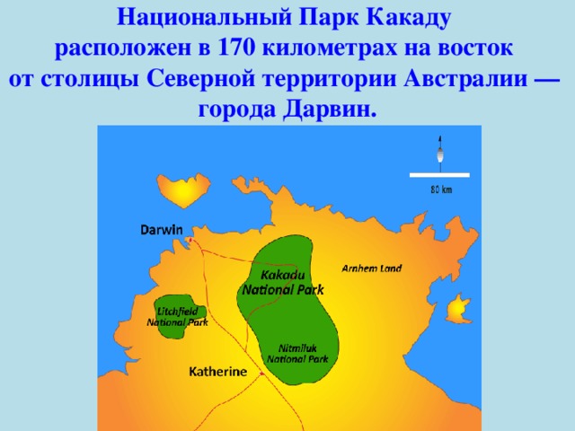 Национальный Парк Какаду расположен в 170 километрах на восток от столицы Северной территории Австралии — города Дарвин. 