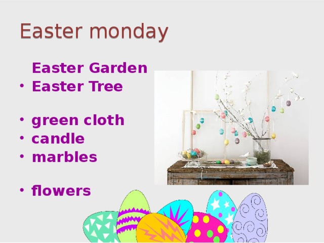 Easter monday  Easter Garden Easter Tree green cloth candle marbles flowers 