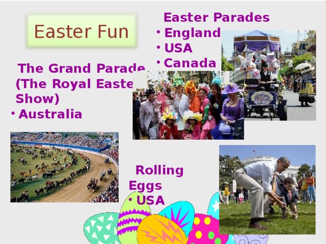  Easter Parades England USA Canada Easter Fun  The Grand Parade  (The Royal Easter  Show) Australia  Rolling Eggs USA 