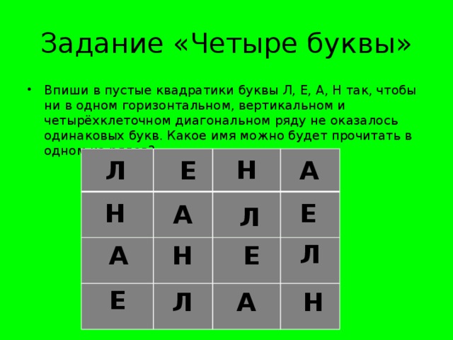 Задание «Четыре буквы» Впиши в пустые квадратики буквы Л, Е, А, Н так, чтобы ни в одном горизонтальном, вертикальном и четырёхклеточном диагональном ряду не оказалось одинаковых букв. Какое имя можно будет прочитать в одном из рядов? Н А Е Л А Л Е Н Е Л Н А Е Н А Л