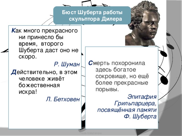 Бюст Шуберта работы скульптора Дилера К ак много прекрасного ни принесло бы время, второго Шуберта даст оно не скоро. Р. Шуман Д ействительно, в этом человеке живёт божественная искра! Л. Бетховен С мерть похоронила здесь богатое сокровище, но ещё более прекрасные порывы. Эпитафия Грильпарцера, посвящённая памяти Ф. Шуберта Iraida Mokshanova