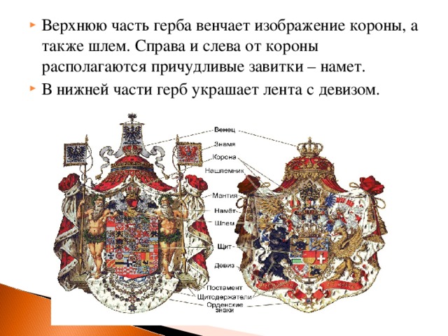 Верхнюю часть герба венчает изображение короны, а также шлем. Справа и слева от короны располагаются причудливые завитки – намет. В нижней части герб украшает лента с девизом.  