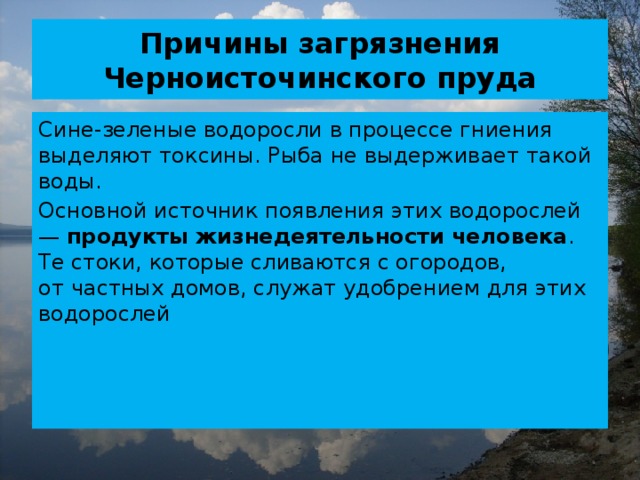 Причины загрязнения Черноисточинского пруда Сине-зеленые водоросли в процессе гниения выделяют токсины. Рыба не выдерживает такой воды. Основной источник появления этих водорослей —  продукты жизнедеятельности человека . Те стоки, которые сливаются с огородов, от частных домов, служат удобрением для этих водорослей 