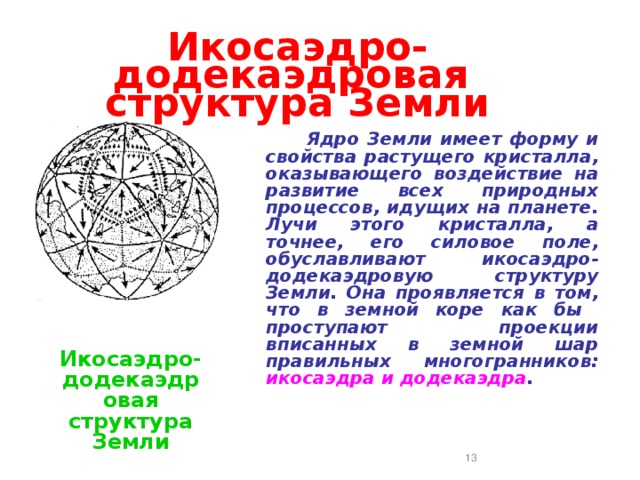 Икосаэдро-додекаэдровая структура Земли  Ядро Земли имеет форму и свойства растущего кристалла, оказывающего воздействие на развитие всех природных процессов, идущих на планете. Лучи этого кристалла, а точнее, его силовое поле, обуславливают икосаэдро-додекаэдровую структуру Земли. Она проявляется в том, что в земной коре как бы проступают проекции вписанных в земной шар правильных многогранников: икосаэдра и додекаэдра . Икосаэдро- додекаэдровая структура Земли