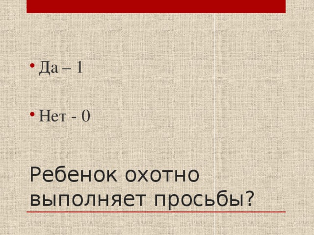 Да – 1 Нет - 0 Ребенок охотно выполняет просьбы? 