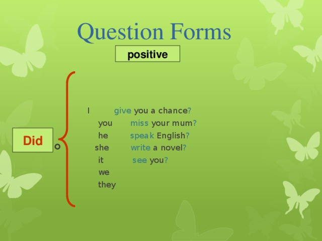 Question Forms positive  I   give you a chance ?    you   miss  your mum ?    he   speak English ?   she   write a novel ?    it   see you ?    we      they Did 