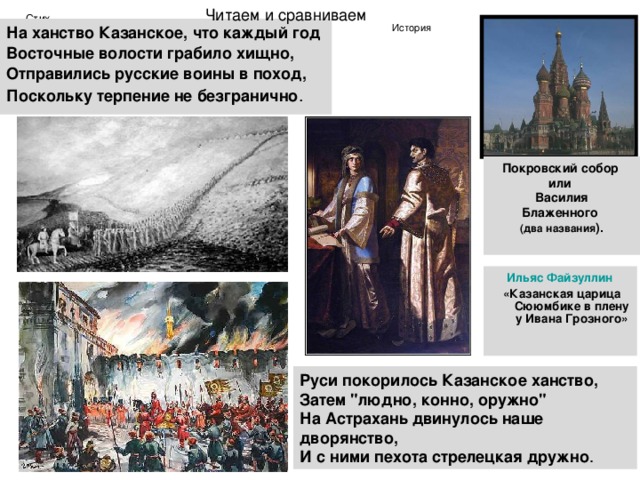 Читаем и сравниваем Стих На ханство Казанское, что каждый год  Восточные волости грабило хищно,  Отправились русские воины в поход,  Поскольку терпение не безгранично . История Покровский собор или Василия Блаженного (два названия ).  Ильяс Файзуллин  «Казанская царица Сююмбике в плену у Ивана Грозного»   Руси покорилось Казанское ханство,  Затем 