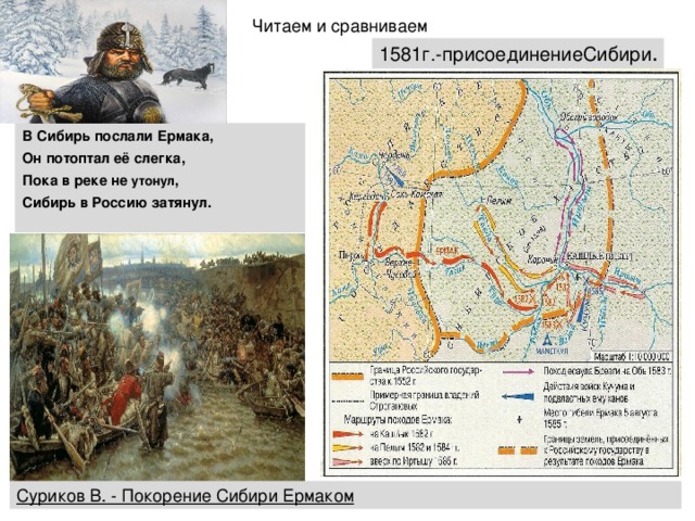 Читаем и сравниваем 1581г.-присоединениеСибири . В Сибирь послали Ермака, Он потоптал её слегка, Пока в реке не утонул , Сибирь в Россию затянул.  Суриков В. - Покорение Сибири Ермаком  