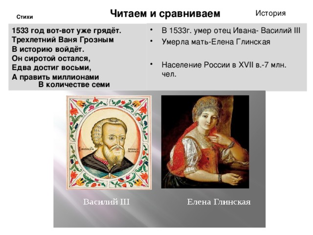  История Читаем и сравниваем Стихи В 1533г. умер отец Ивана- Василий III Умерла мать-Елена Глинская  Население России в XVII в.-7 млн. чел.  1533 год вот-вот уже грядёт. Трехлетний Ваня Грозным В историю войдёт. Он сиротой остался, Едва достиг восьми, А править миллионами В количестве семи  