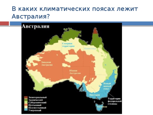 В каких климатических поясах лежит Австралия? 