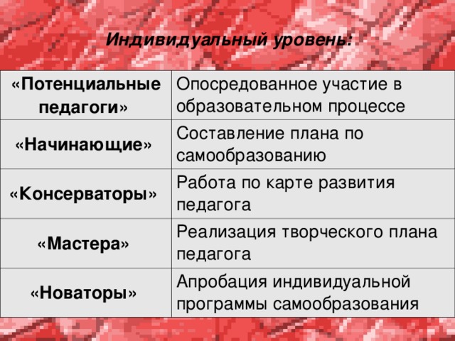 Индивидуальный уровень: «Потенциальные педагоги» Опосредованное участие в образовательном процессе «Начинающие» Составление плана по самообразованию «Консерваторы» Работа по карте развития педагога «Мастера» Реализация творческого плана педагога «Новаторы» Апробация индивидуальной программы самообразования 