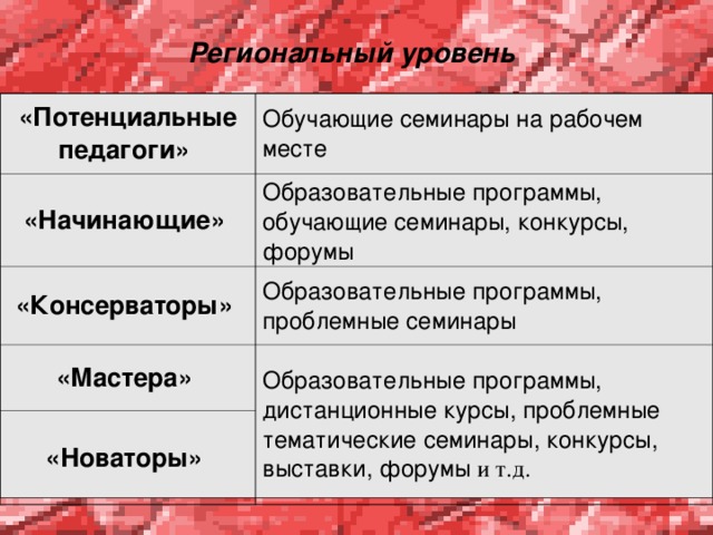 Региональный уровень «Потенциальные педагоги» Обучающие семинары на рабочем месте «Начинающие» Образовательные программы, обучающие семинары, конкурсы, форумы  «Консерваторы» Образовательные программы, проблемные семинары  «Мастера» Образовательные программы, дистанционные курсы, проблемные тематические семинары, конкурсы, выставки, форумы и т.д. «Новаторы» 