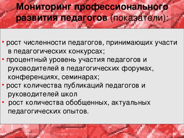 Мониторинг профессионального развития педагогов (показатели):  рост численности педагогов, принимающих участи  в педагогических конкурсах;  процентный уровень участия педагогов и  руководителей в педагогических форумах,  конференциях, семинарах;  рост количества публикаций педагогов и  руководителей школ  рост количества обобщенных, актуальных  педагогических опытов. 