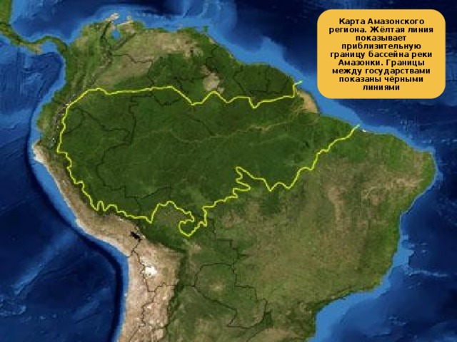 Карта Амазонского региона. Жёлтая линия показывает приблизительную границу бассейна реки Амазонки. Границы между государствами показаны чёрными линиями 