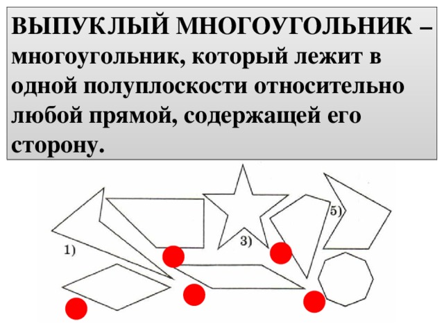 ВЫПУКЛЫЙ МНОГОУГОЛЬНИК – многоугольник, который лежит в одной полуплоскости относительно любой прямой, содержащей его сторону. 