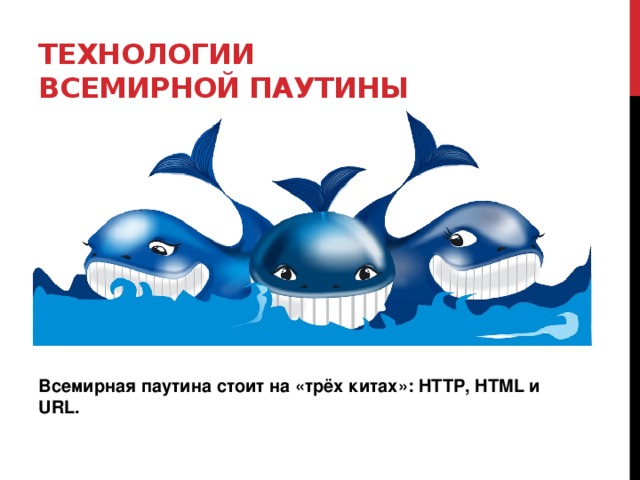 Технологии Всемирной паутины Всемирная паутина стоит на «трёх китах»: HTTP, HTML и URL. 