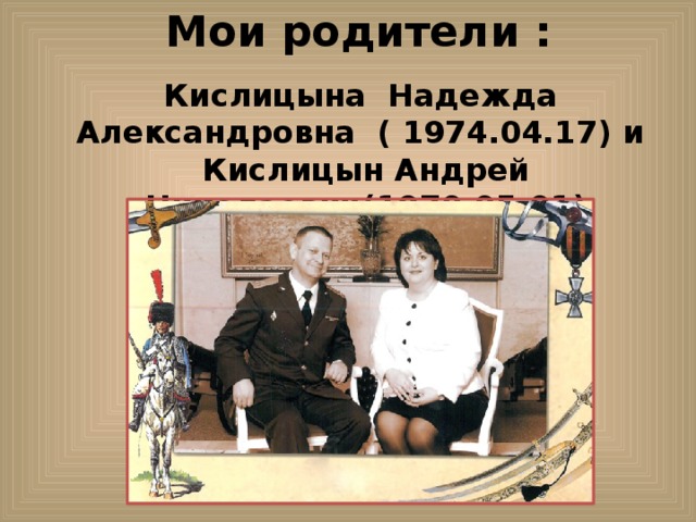 Мои родители :  Кислицына Надежда Александровна ( 1974.04.17) и Кислицын Андрей Николаевич(1970.05.01) 