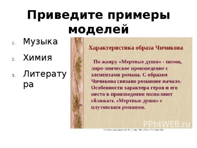 Приведите примеры моделей Музыка Химия Литература 