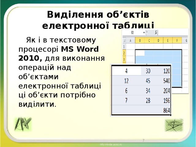 Виділення об’єктів електронної таблиці Як і в текстовому процесорі MS Word 2010, для виконання операцій над об’єктами електронної таблиці ці об’єкти потрібно виділити. 6 