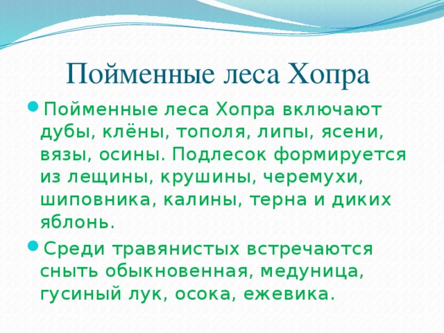 Пойменные леса Хопра Пойменные леса Хопра включают дубы, клёны, тополя, липы, ясени, вязы, осины. Подлесок формируется из лещины, крушины, черемухи, шиповника, калины, терна и диких яблонь. Среди травянистых встречаются сныть обыкновенная, медуница, гусиный лук, осока, ежевика. 