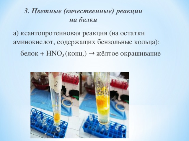 а) ксантопротеиновая реакция (на остатки аминокислот, содержащих бензольные кольца):  белок + HNO 3 (конц.) → жёлтое окрашивание 