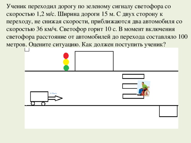 Ученик переходил дорогу по зеленому сигналу светофора со скоростью 1,2 м/с. Ширина дороги 15 м. С двух сторону к переходу, не снижая скорости, приближаются два автомобиля со скоростью 36 км/ч. Светофор горит 10 с. В момент включения светофора расстояние от автомобилей до перехода составляло 100 метров. Оцените ситуацию. Как должен поступить ученик? 