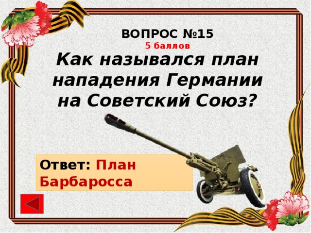 ВОПРОС №15 5 баллов Как назывался план нападения Германии на Советский Союз? Ответ: План Барбаросса