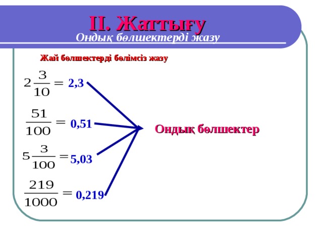 I І. Жаттығу Ондық бөлшектерді жазу Жай бөлшектерді бөлімсіз жазу 2,3 0,51 Ондық бөлшектер 5,03 0,219