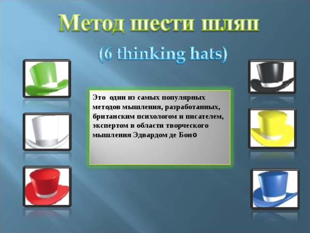 Это один из самых популярных методов мышления, разработанных, британским психологом и писателем, экспертом в области творческого мышления Эдвардом де Бон о    