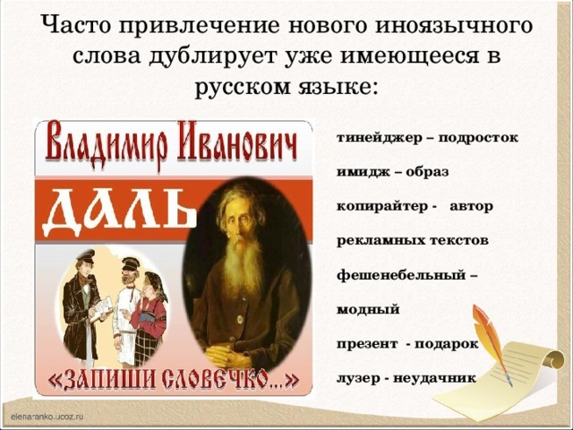 Часто привлечение нового иноязычного слова дублирует уже имеющееся в русском языке: тинейджер – подросток  имидж – образ  копирайтер - автор  рекламных текстов  фешенебельный –  модный  презент - подарок  лузер - неудачник 