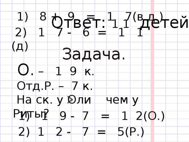  1) 8 + 9 = 1 7(в.д.)  Ответ: 1 1 детей.  2) 1 7 - 6 = 1 1 (д) Задача.  О . – 1 9 к.  Отд.Р. – 7 к.  На ск. у Оли чем у Риты?  1) 1 9 - 7 = 1 2(О.)  2) 1 2 - 7 = 5(Р.) 
