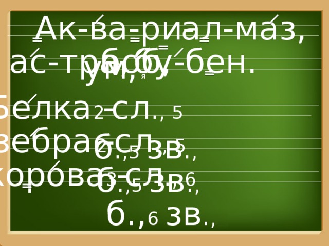 Ак-ва-ри-ум, я ал-маз, боб, ас-тра, бу-бен. Белка - 2  сл . , 5  б . , 5 зв . , зебра - 2  сл . , 5  б . , 5 зв . , корова - 3  сл . , 6  б., 6 зв . , 