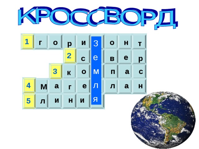 4. Отважный капитан, который в древности обогнул  Землю на парусном корабле 1. Земная поверхность, которую мы видим вокруг себя 5. Граница горизонта, где небо как бы сходится с земной  поверхностью 3.Прибор для определения сторон горизонта 2. Название стороны горизонта, противоположной югу  1 о и о г н З е м л я з т р 2 е е с р в 3 о п а с м к 4 н а л л е а г М н и и 5 я л 