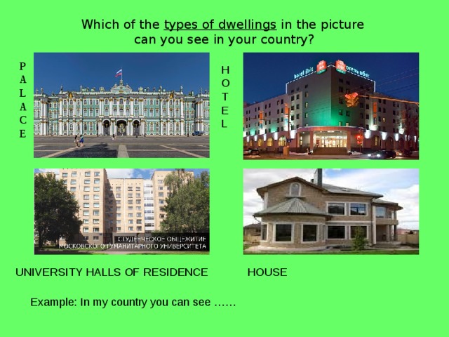 Which of the types of dwellings in the picture  can you see in your country? P A L A C E H O T E L UNIVERSITY HALLS OF RESIDENCE HOUSE Example: In my country you can see …… 