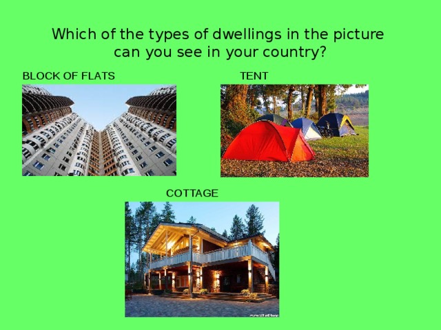Which of the types of dwellings in the picture  can you see in your country? BLOCK OF FLATS TENT COTTAGE 